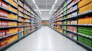 Drink aisle in a grocery store showcasing the variety of beverage packaging.