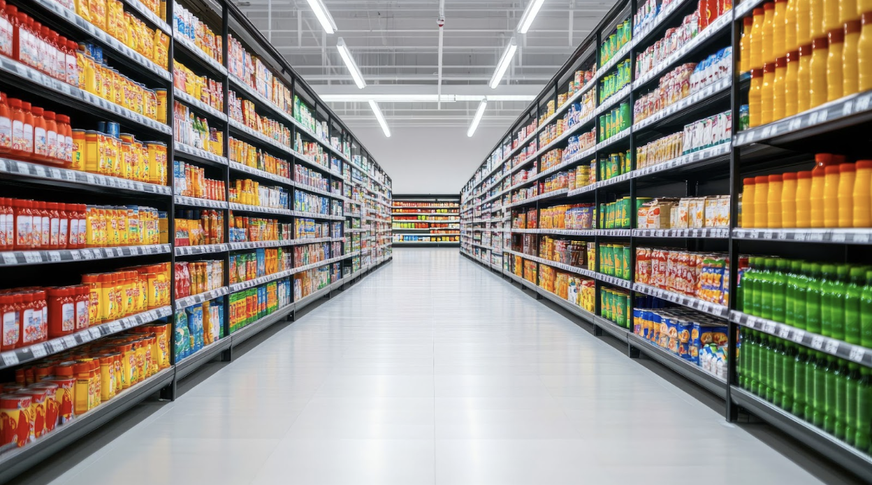 Drink aisle in a grocery store showcasing the variety of beverage packaging.