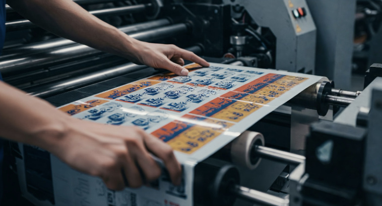 A flexographic printer operating equipment during the flexography process.