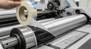 Flexographic plate mounting tape being applied to a printing cylinder for secure and precise photopolymer plate installation.