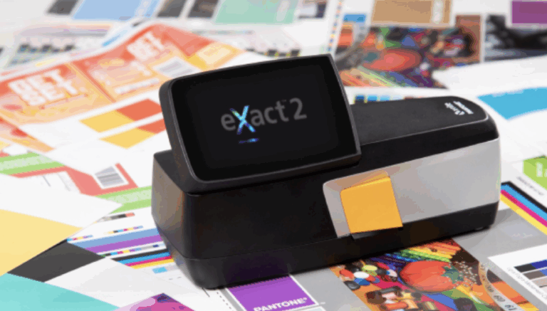 X-Rite eXact spectrophotometer used in flexographic printing to measure and manage color accuracy across substrates and lighting conditions.