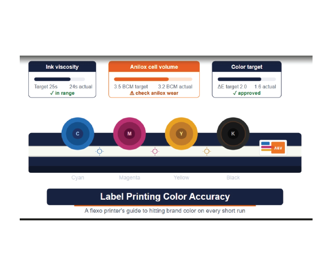 Flexographic press illustration showing ink viscosity, anilox cell volume, and Delta E color target indicators representing the key variables in label printing color accuracy on short runs.