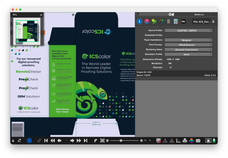 A monitor display showing the ICScolor Remote Director soft proofing for print shops.