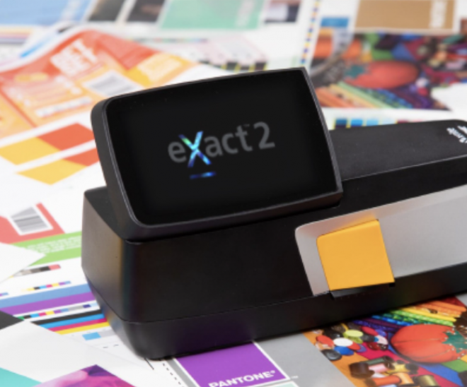 X-Rite eXact spectrophotometer used in flexographic printing to measure and manage color accuracy across substrates and lighting conditions.